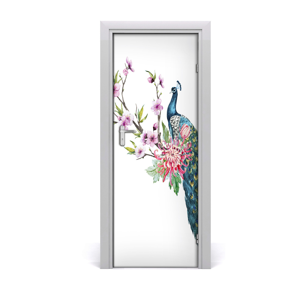 Autocolant de uşă Păun și flori