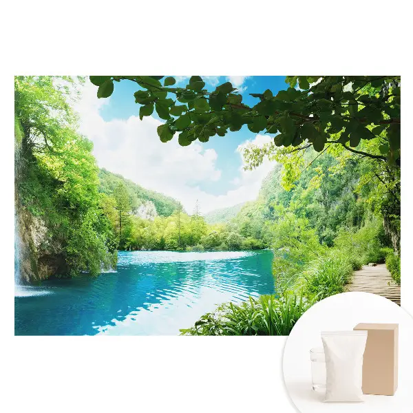 Tapet nețesut cu peisaj de păduri, cascade și lac