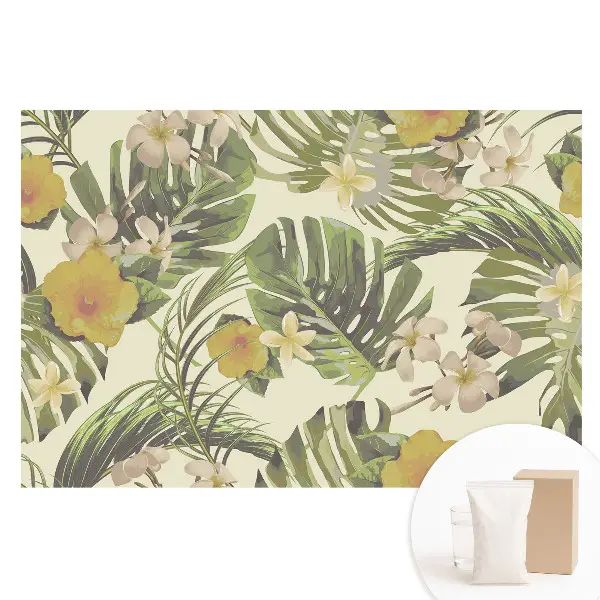 Fototapet din material nețesut cu model de frunze tropicale și flori exotice