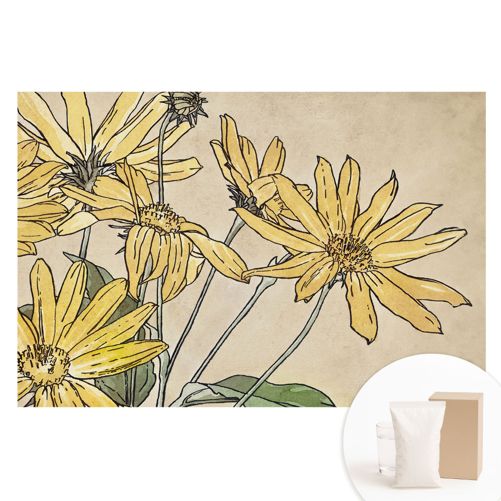 Tapet nețesut cu imprimeu Flori galbene pe un fundal bej