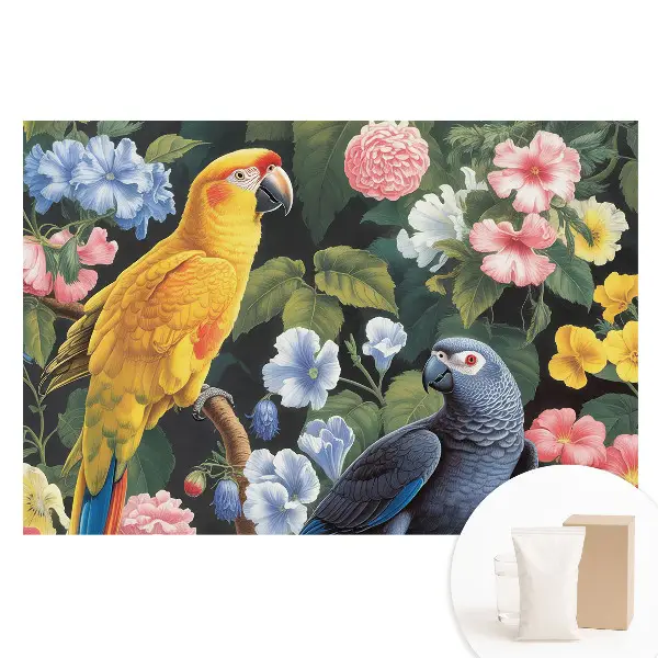 Tapet nețesut cu păsări tropicale și flori colorate