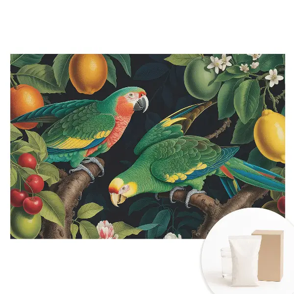 Tapet foto din material nețesut cu motiv exotic reprezentând papagali și fructe