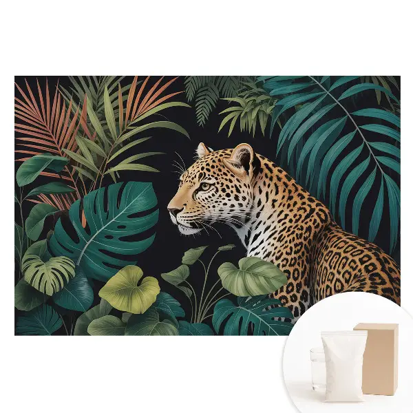 Fototapet din material nețesut cu imprimeu leopard printre frunzele junglei