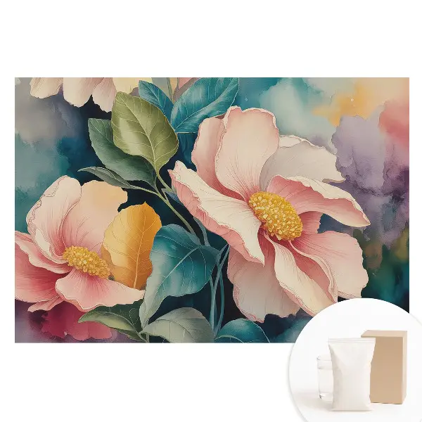 Tapet fotografic nețesut cu design de flori pastelate și frunze în stil acuarelă