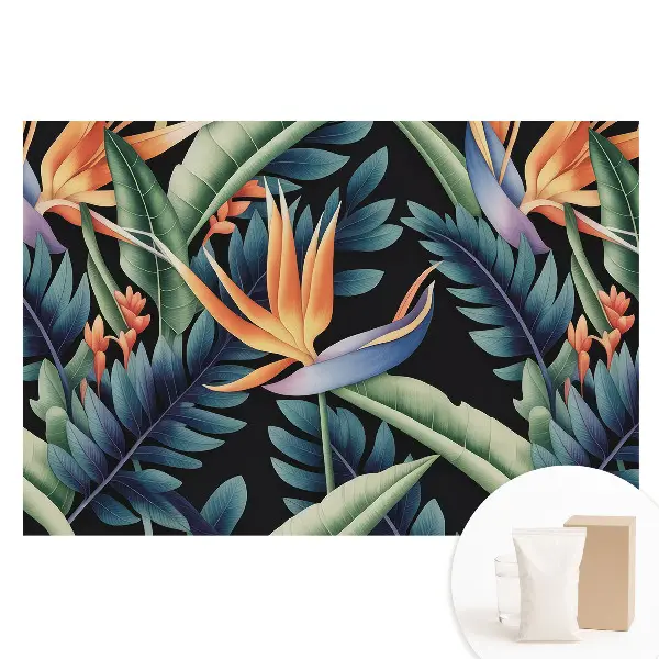Fototapet din material nețesut cu flori tropicale pe fundal negru