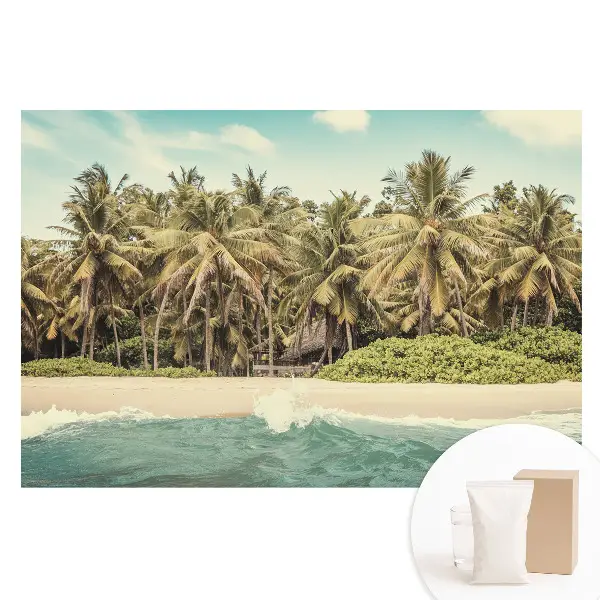 Fototapet din material nețesut cu imprimeu paradis tropical cu palmieri și cer albastru