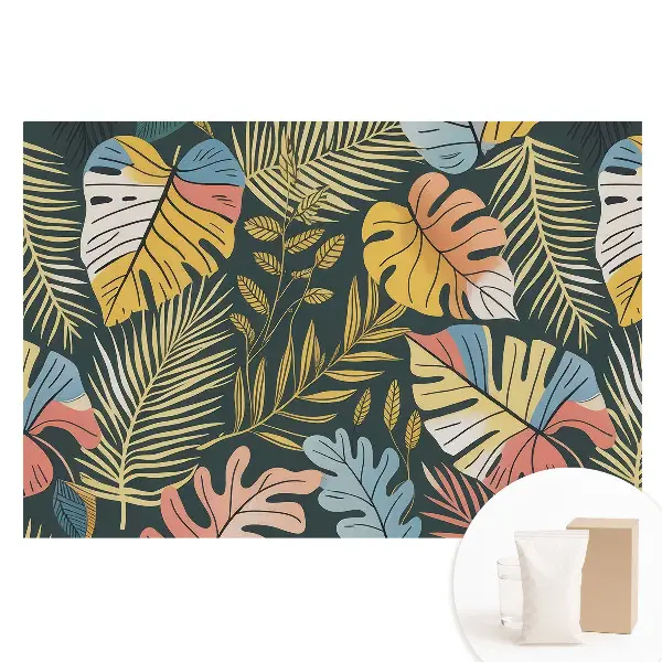 Tapet foto din material nețesut cu frunze tropicale colorate pe fundal întunecat