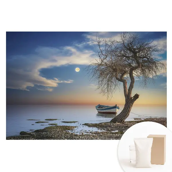 Tapet fotomural pe material nețesut cu peisaj de apus romantic cu barcă și copac