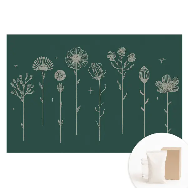 Fototapet nețesut cu motive florale minimaliste pe fundal verde
