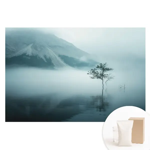 Fototapet din material nețesut cu imprimeu copac singuratic în ceața dimineții