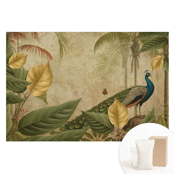 Tapet fotografic nețesut cu motiv de păun tropical printre verdeață