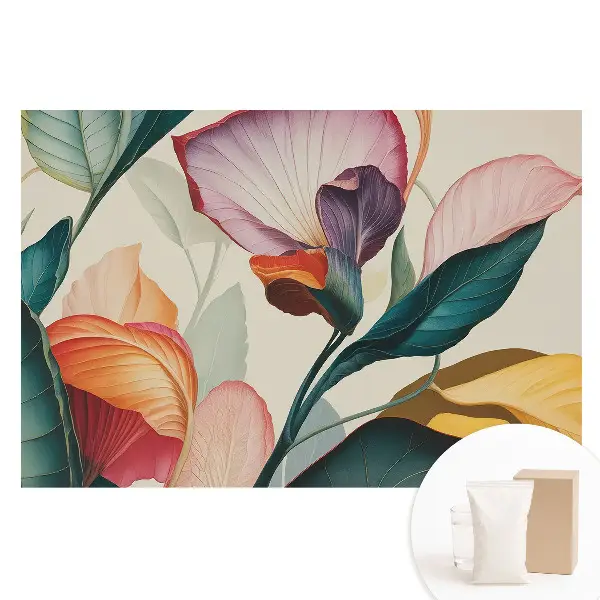 Tapet nețesut cu model floral colorat format din frunze și flori