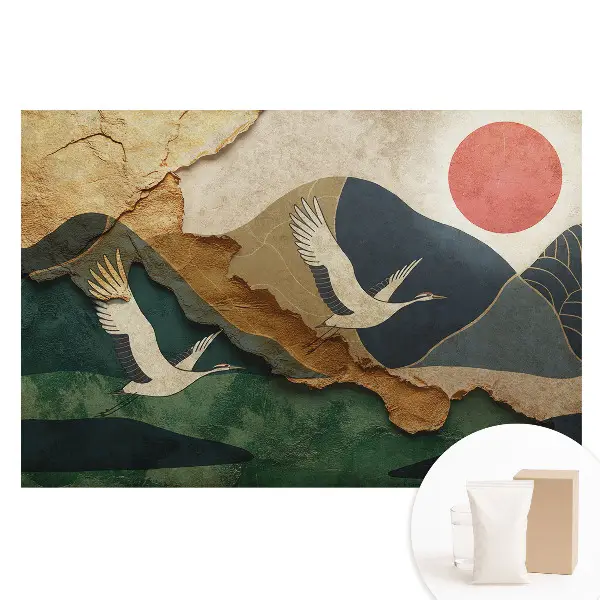 Tapet fotografic din material nețesut cu macarale și peisaj pitoresc cu soare roșu