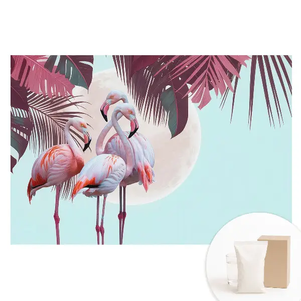 Tapet nețesut cu imprimeu tropical cu flamingo colorați