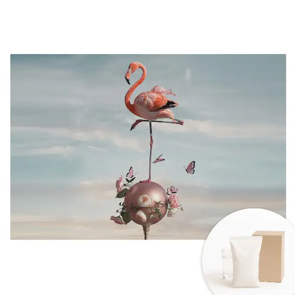 Tapet foto pe material nețesut cu design cu flamingo, flori și fluturi