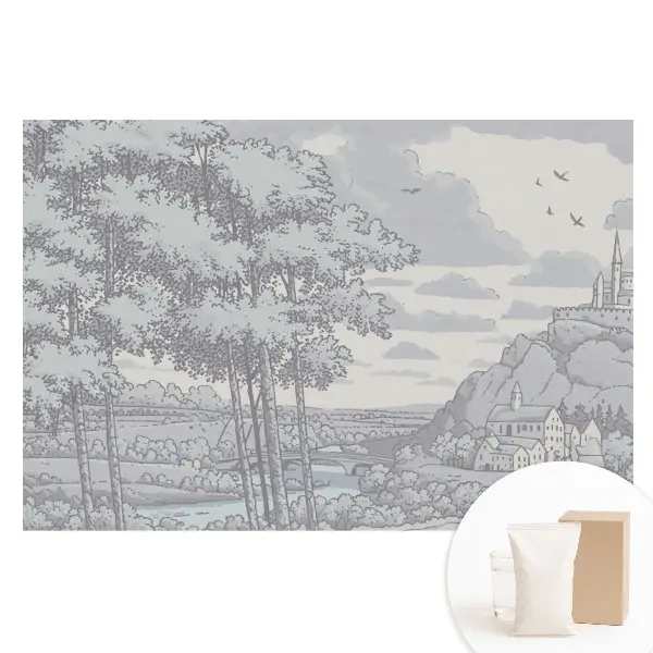 Tapet nețesut cu imprimeu ilustrație clasică cu castel, pădure și râu