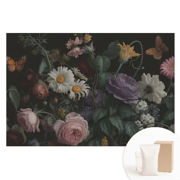 Fototapet din material nețesut cu model de buchet floral și fluturi pe fundal închis
