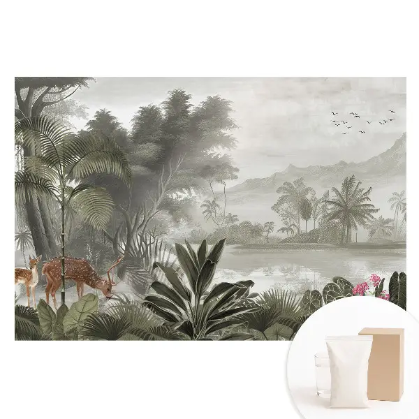Tapet nețesut cu peisaj forestier exotic și cerbi