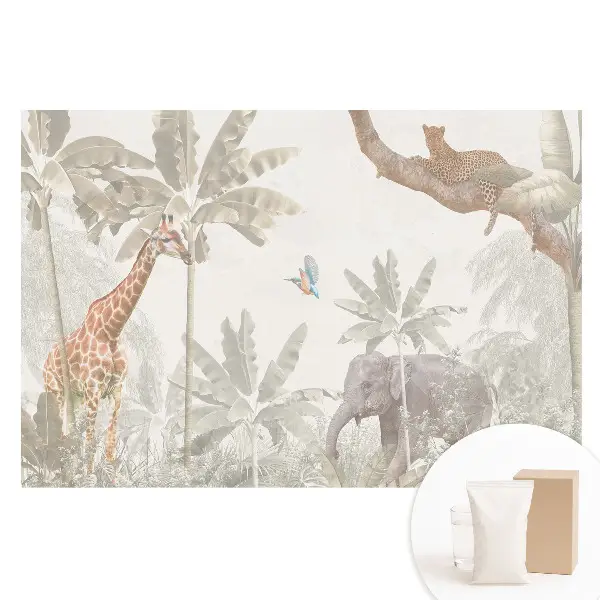 Tapet fotomural nețesut cu design de faună și floră exotică în tonuri pastelate