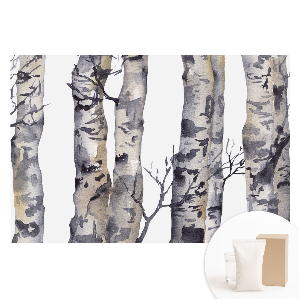 Tapet nețesut cu imprimeu Trunchiuri de aspen gri în acuarelă