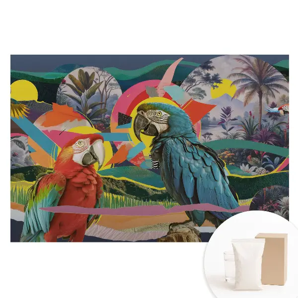 Fototapet din material nețesut cu model de papagali colorați într-un cadru tropical
