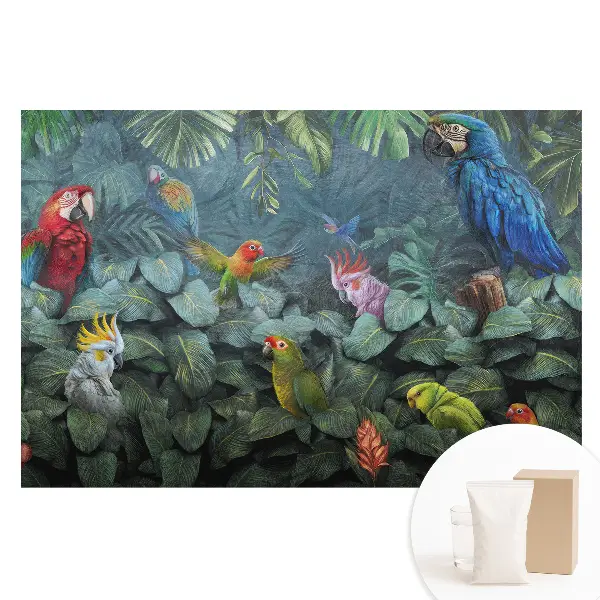 Tapet nețesut cu model de papagali și frunze tropicale