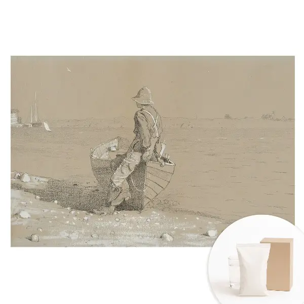 Tapet foto din material nețesut cu bărbat și barcă pe plajă