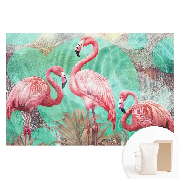 Tapet fotografic din material nețesut cu model Flamingo în nuanțe de turcoaz