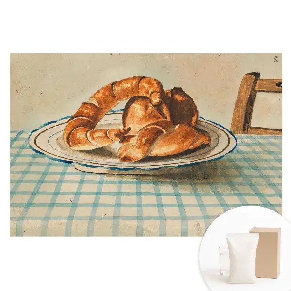 Fototapet din material nețesut cu model de croasante pe o farfurie pe o masă în carouri