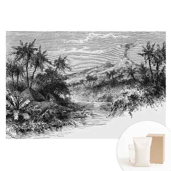 Tapet foto mare pentru perete cu gravură tropicală și vulcan