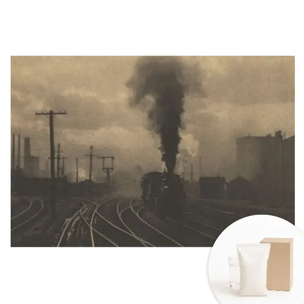 Tapet nețesut cu model industrial reprezentând tren și fabrici