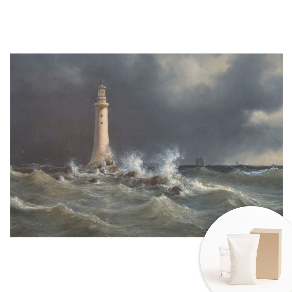 Tapet fotografic pe material nețesut Mare furtunoasă, far, navă în depărtare