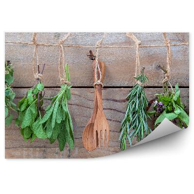 Decor fototapet Ierburi, condimente, crenguțe, sfoară, tacâmuri, lemn
