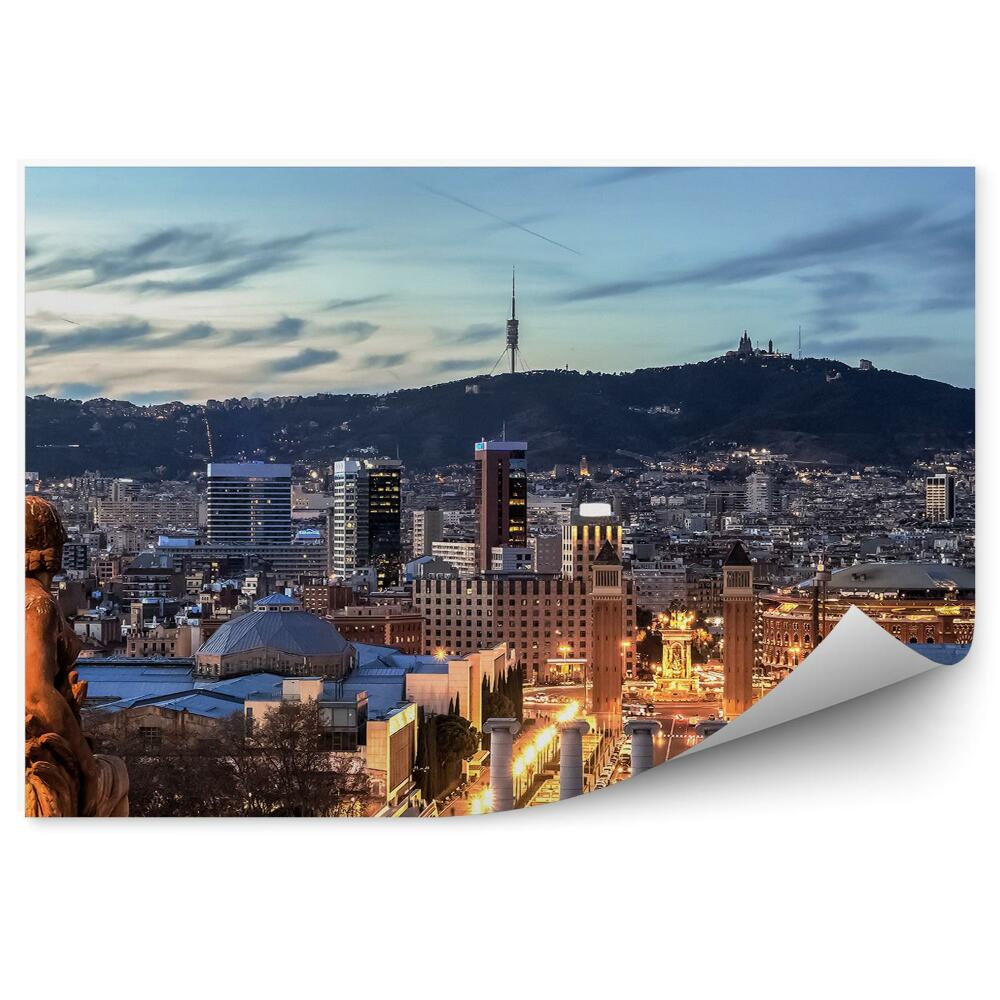 Fototapet vintage Barcelona Clădiri Drum Oameni Mașini Vedere Noapte