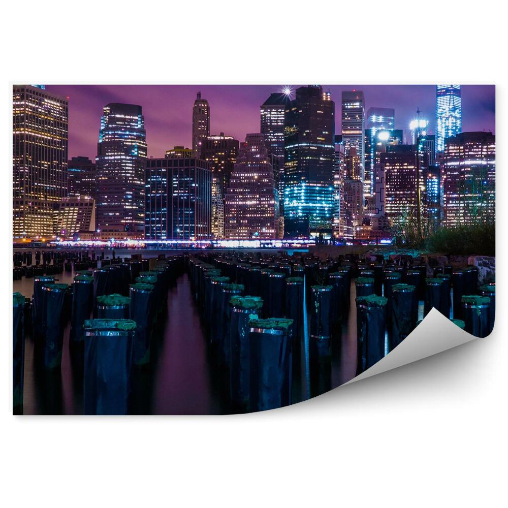 Decor fototapet Zgârie-Nori Trunchi Apă Lumini De Noapte