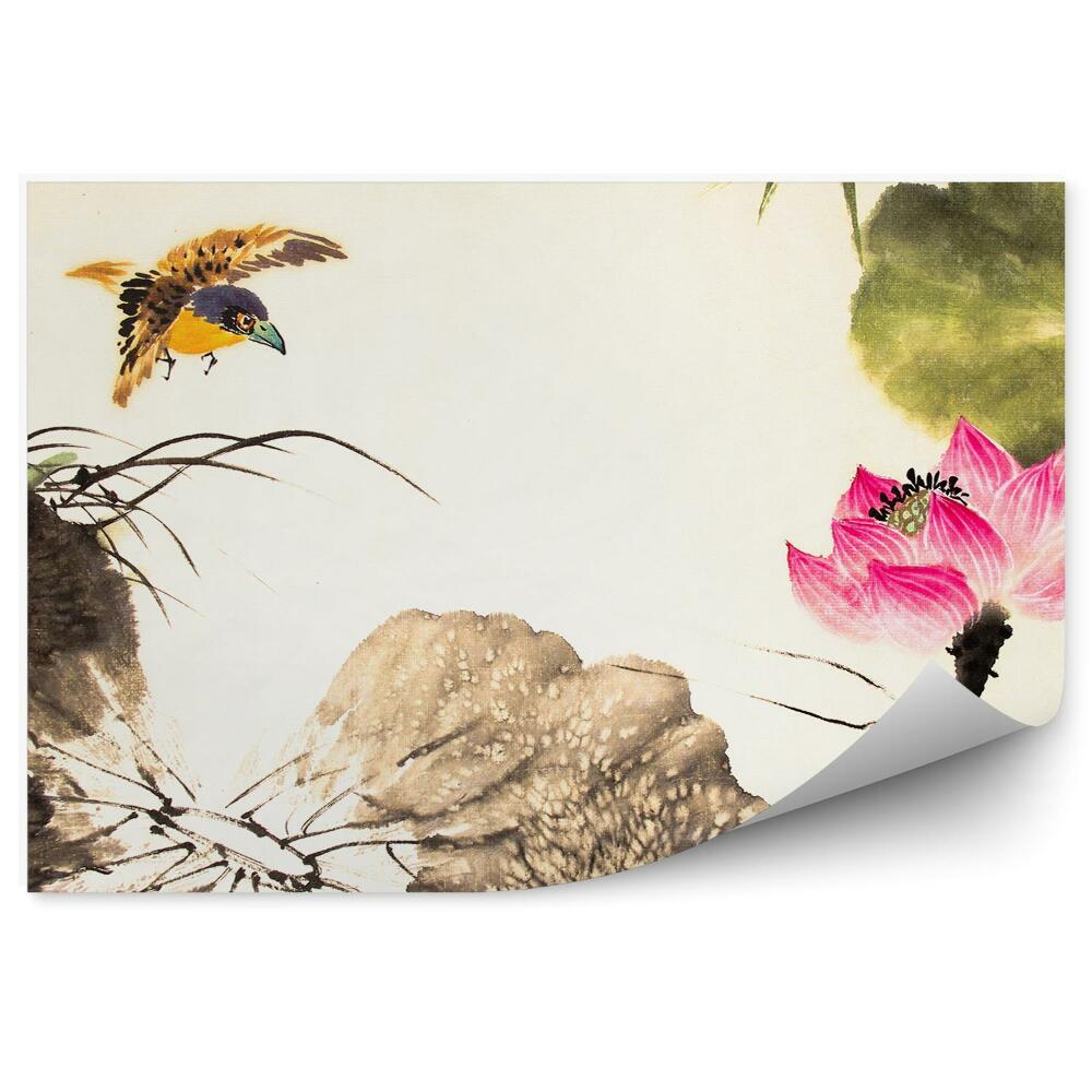 Fototapet vintage Floare de lotus roz pasăre galbenă frunze gri imagine