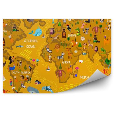 Fototapet perete Harta lumii maro pentru copii cu nume de animale