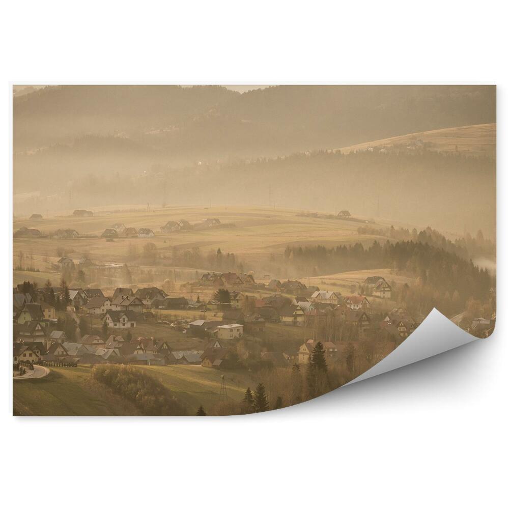 Fototapet Vedere Cețoasă A Pieniny, Drum, Oraș, Copaci, Munți