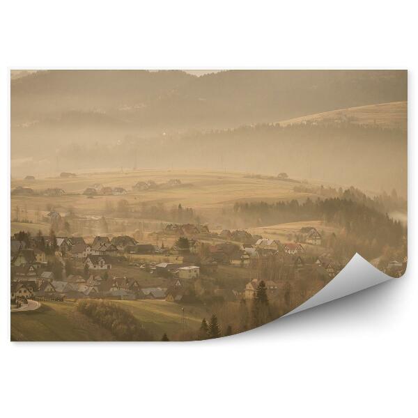 Fototapet Vedere Cețoasă A Pieniny, Drum, Oraș, Copaci, Munți