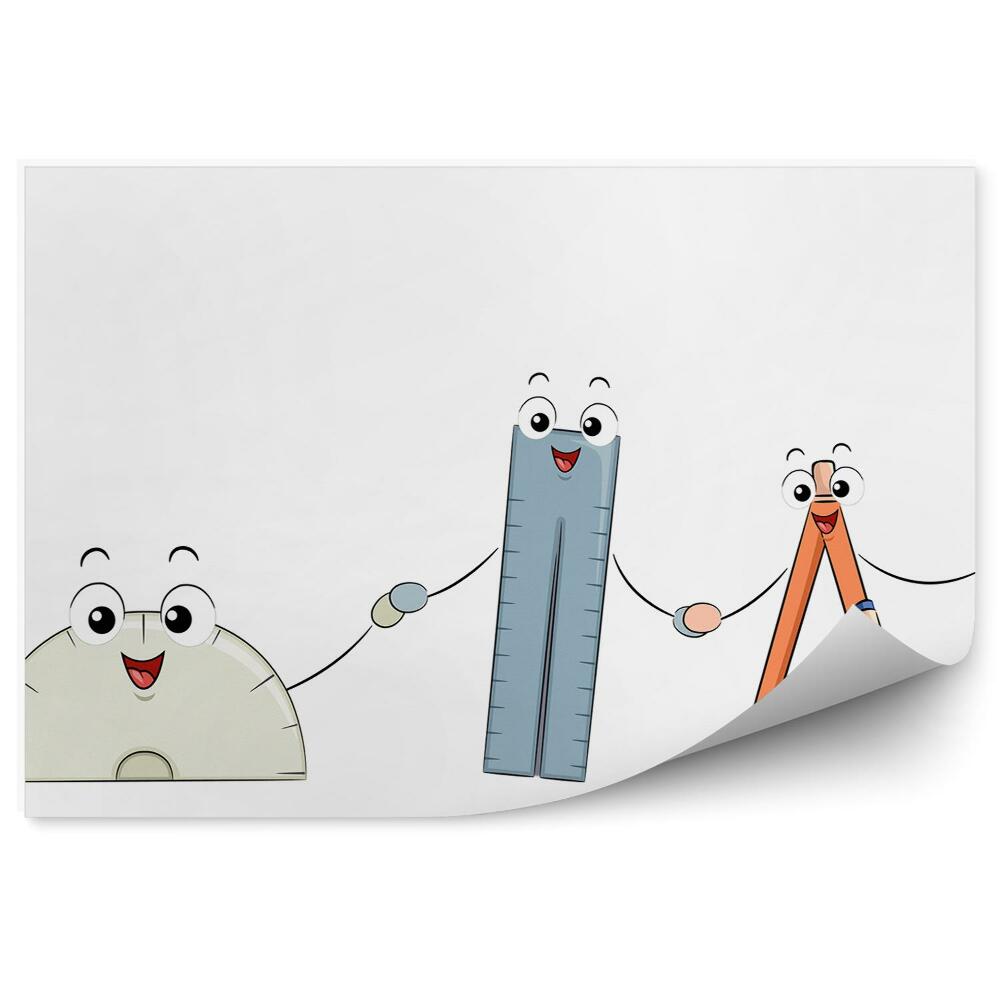 Fototapet vintage Rechizite școlare geometrice, creion, riglă, fețe zâmbitoare