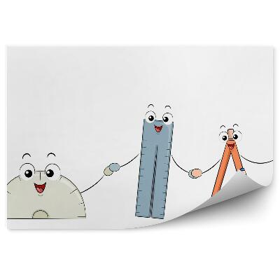 Fototapet vintage Rechizite școlare geometrice, creion, riglă, fețe zâmbitoare