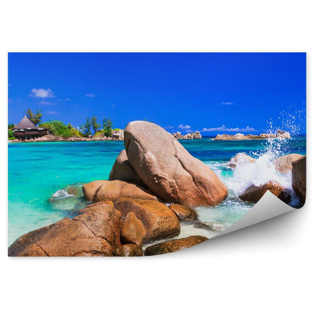 Fototapet vintage Pietre Ocean Plante Cabana Cer Nori Seychelles