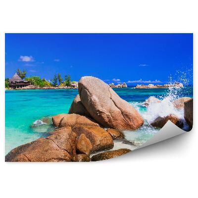 Fototapet vintage Pietre Ocean Plante Cabana Cer Nori Seychelles