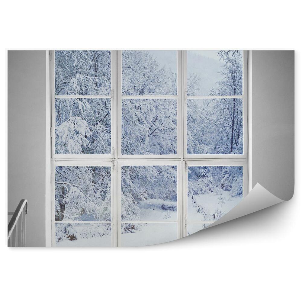 Fototapet perete Fereastră cu vedere la pădurea înzăpezită