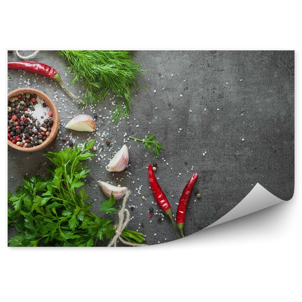 Fototapet vintage Ierburi proaspete condimente sare usturoi