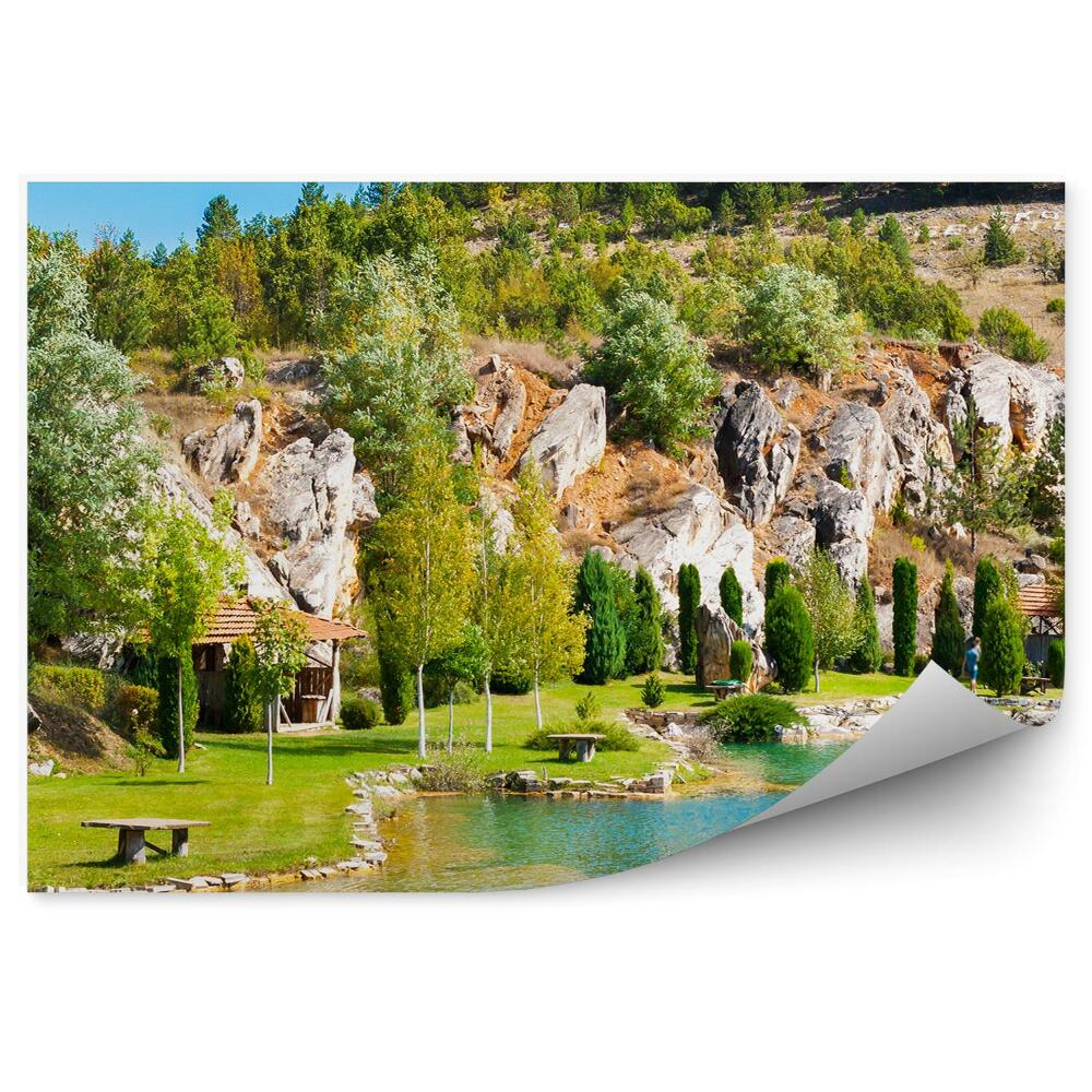 Fototapet Casa Stânci Copaci Ocean Verde Cer Nori Munți