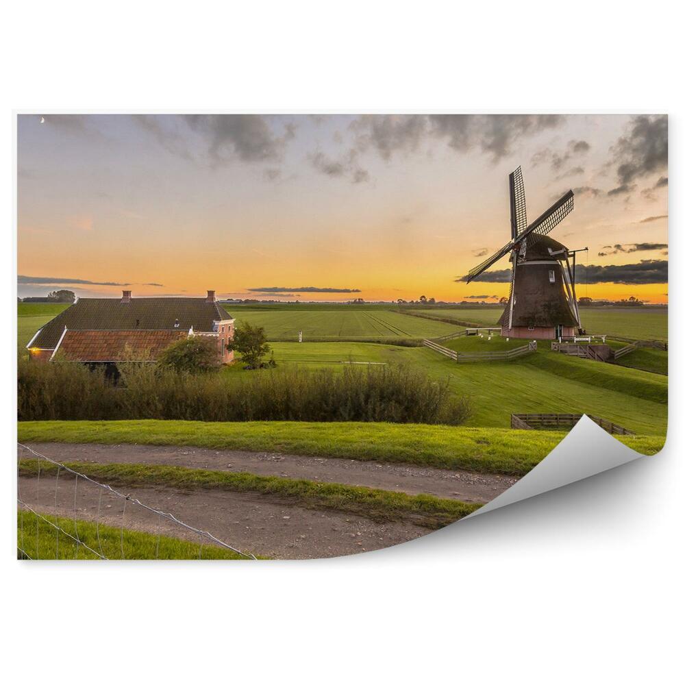 Fototapet perete Apus De Soare Iarbă De Câmp Moara De Vânt Din Lemn