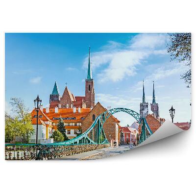 Fototapet Podul Tumski, Catedrală, Wrocław, Sculpturi, Clădiri, Cer, Nori, Copac, Lacăte