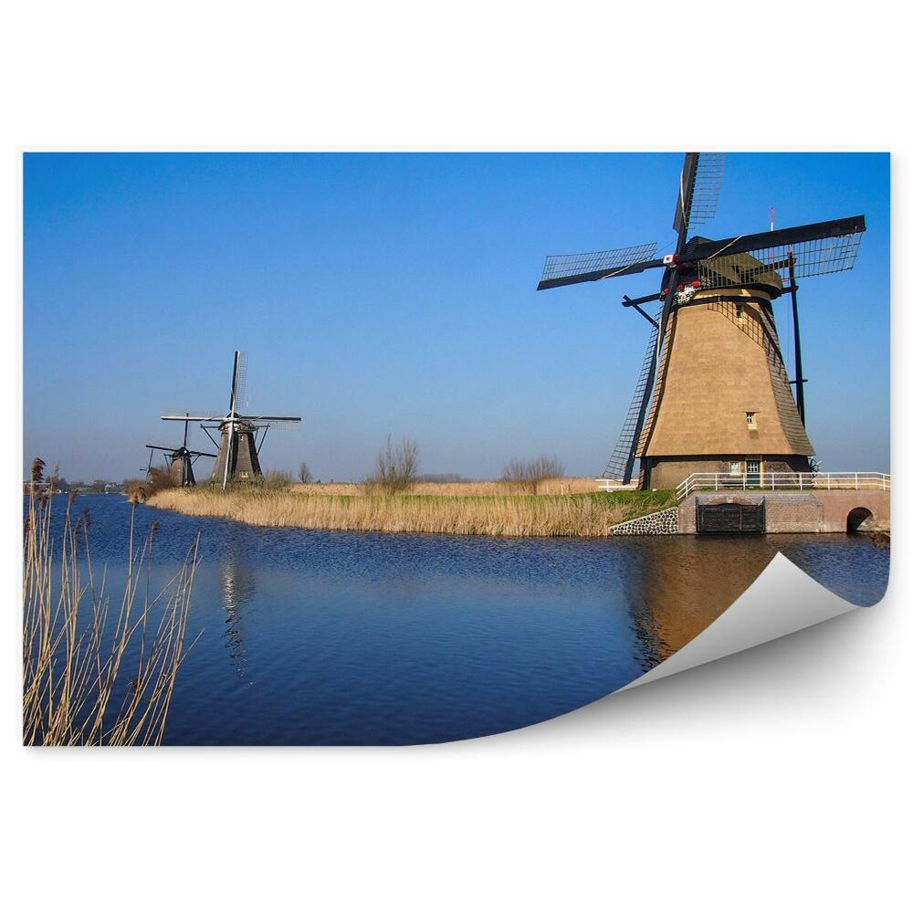 Fototapet Un rând de mori de vânt pe malul râului