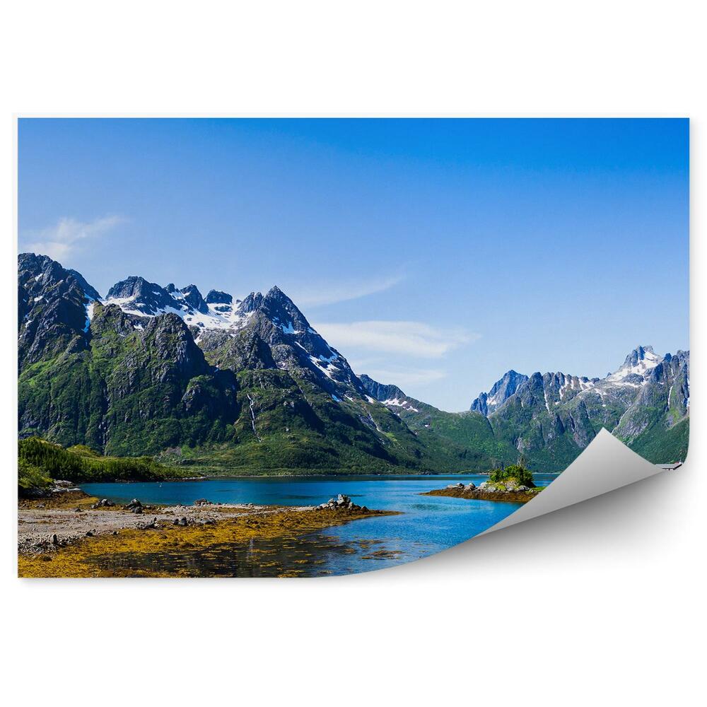 Fototapet pentru perete Panorama Munților Iarnă Zăpadă Verde Clădire Câine Lac